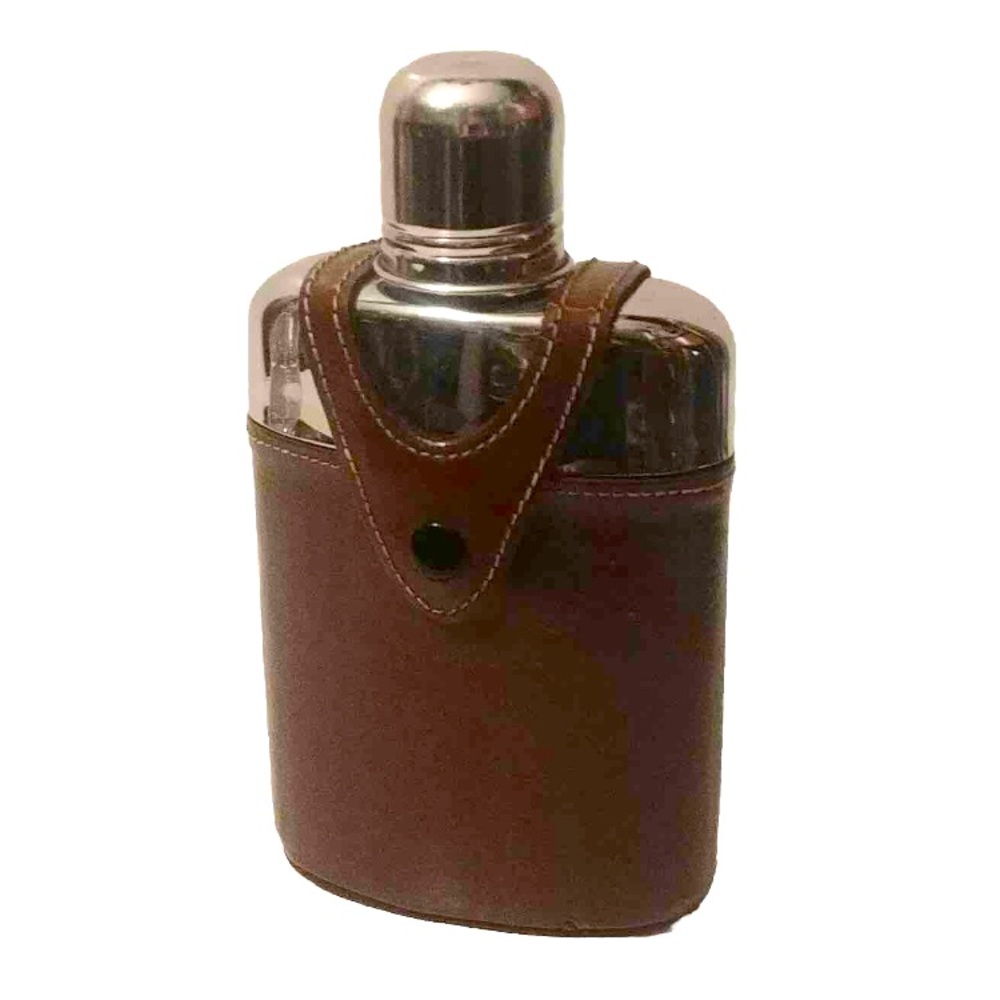 VTG Glass Flask BOSCA Top Grain Cowhide Case & Metal Outer Lid